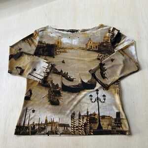 Y2K Jessica Max Blouse Womens Large Brown Scenic Print Studded 3/4 Sleeve Top
